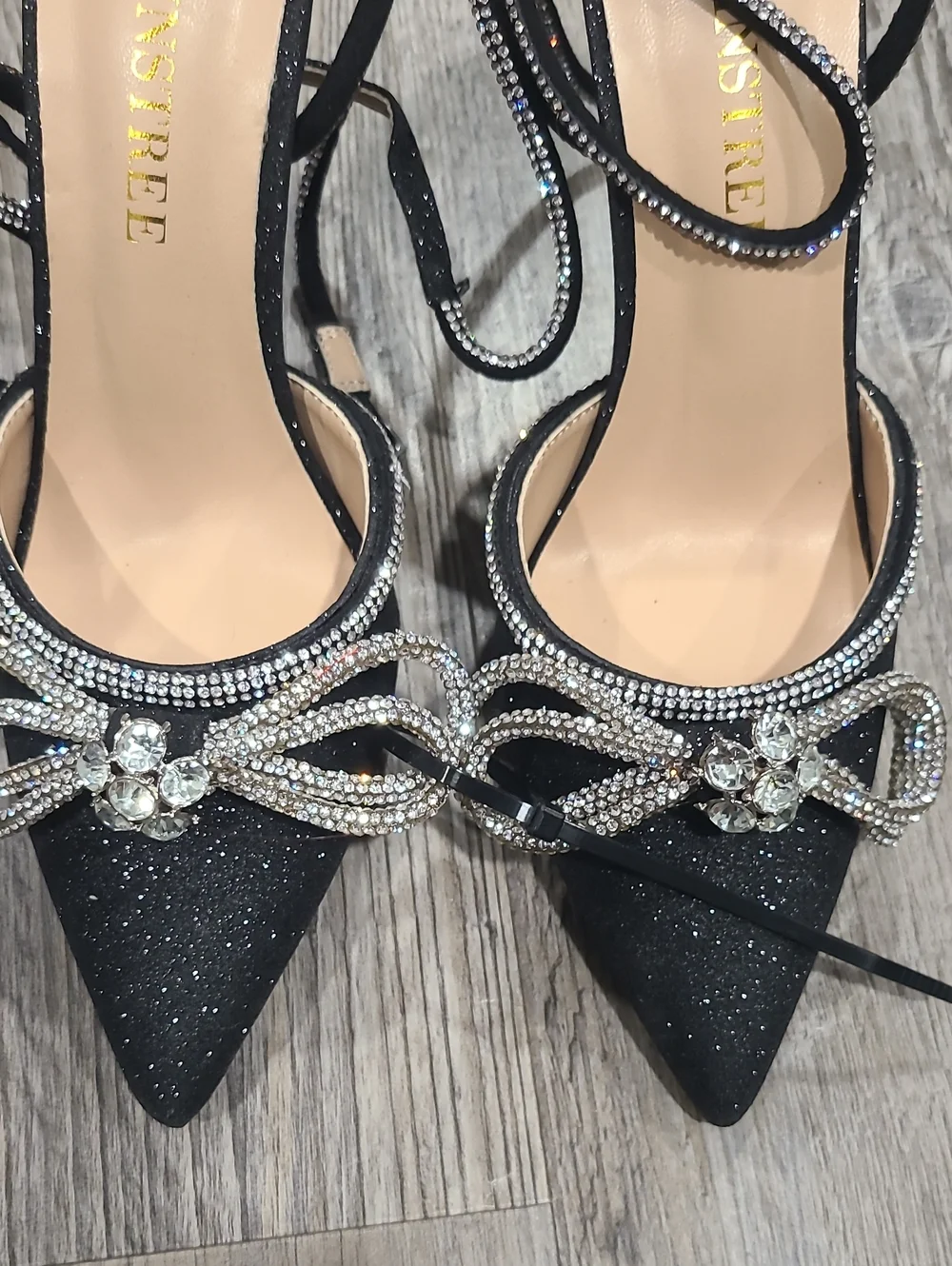 Black Rhinestone Bow Ankle-Strap High Heel Pump